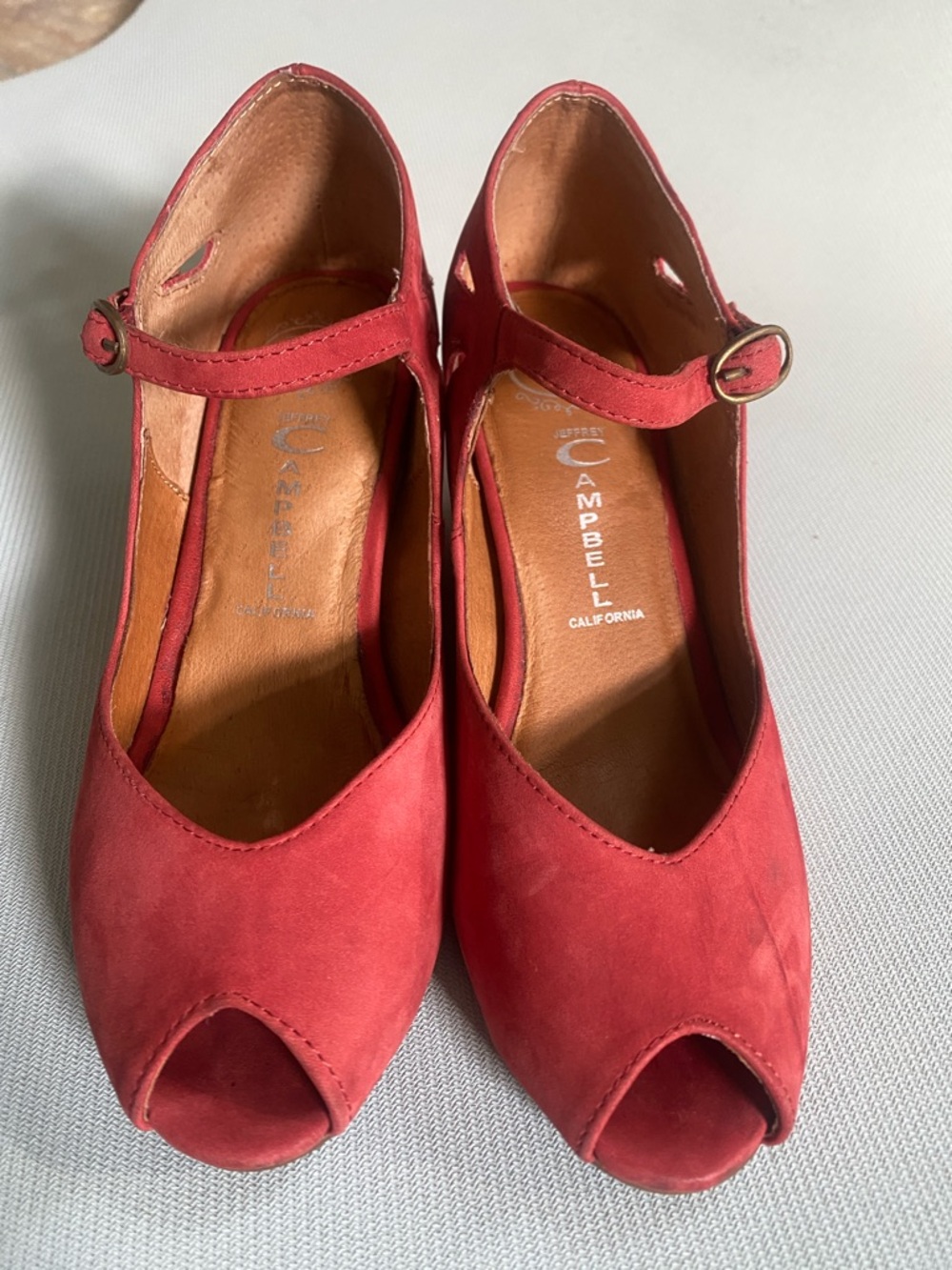 Jeffrey Campbell Red Suede Peep-Toe Mary Jane Wedges - Picture 2 of 7